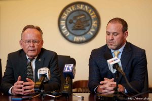 (Trent Nelson  |  The Salt Lake Tribune) Senate President Stuart Adams, R-Layton, and House Speaker Mike Schultz, R-Hooper, hold a news conference to address the Natalie Cline situation at the Utah Capitol in Salt Lake City on Thursday, Feb. 15, 2024.