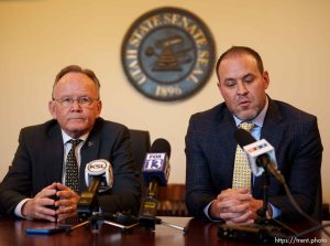 (Trent Nelson  |  The Salt Lake Tribune) Senate President Stuart Adams, R-Layton, and House Speaker Mike Schultz, R-Hooper, hold a news conference to address the Natalie Cline situation at the Utah Capitol in Salt Lake City on Thursday, Feb. 15, 2024.