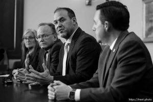 (Trent Nelson  |  The Salt Lake Tribune) Senate President Stuart Adams, R-Layton, and House Speaker Mike Schultz, R-Hooper, hold a news conference to address the Natalie Cline situation at the Utah Capitol in Salt Lake City on Thursday, Feb. 15, 2024. At left is Sen. Ann Millner, R-Ogden, and at right is Rep. Robert Spendlove, R-Sandy.