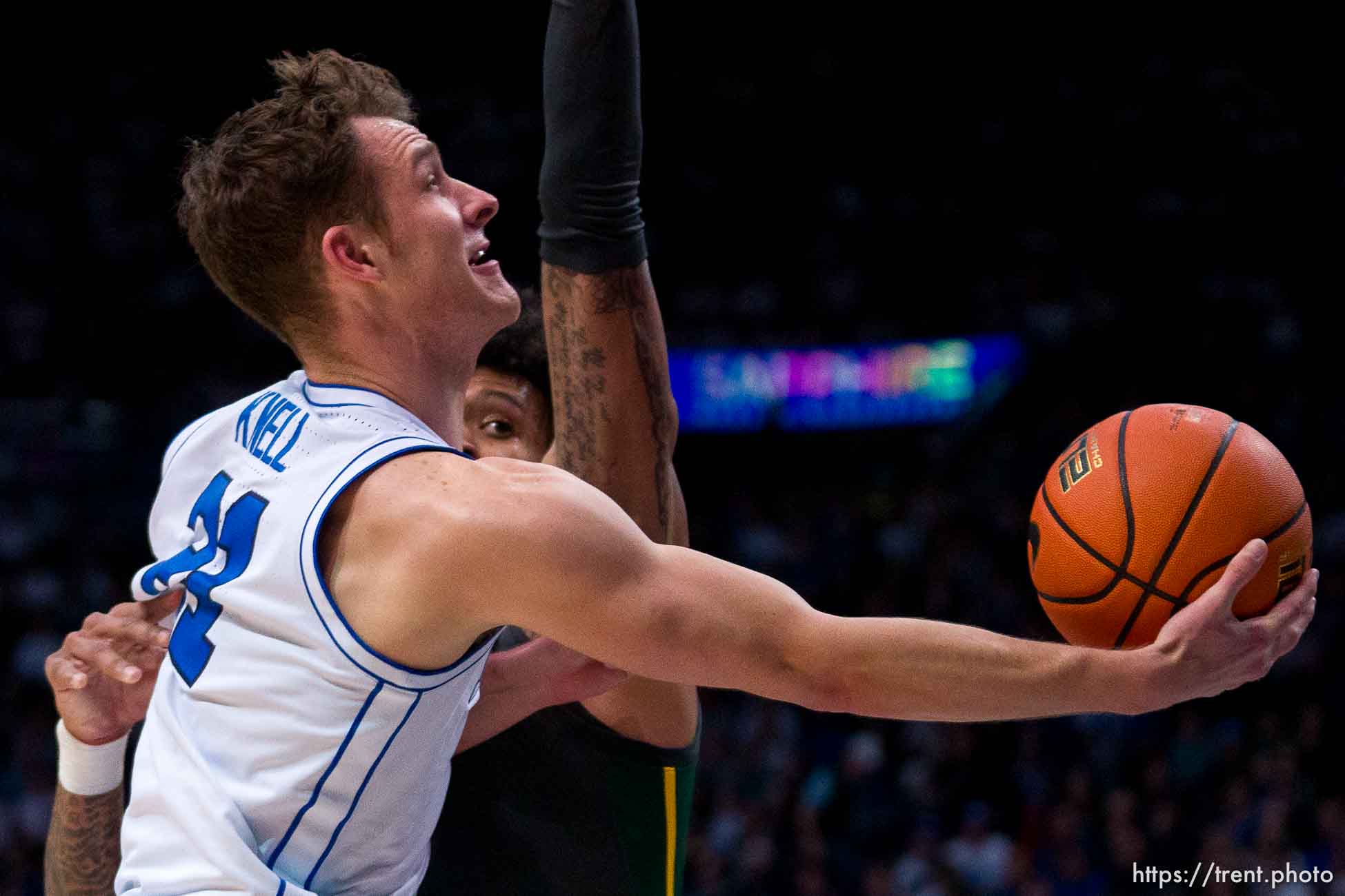 (Trent Nelson  |  The Salt Lake Tribune) Brigham Young Cougars guard Trevin Knell (21) shoots as BYU hosts Baylor, NCAA basketball in Provo on Tuesday, Feb. 20, 2024.