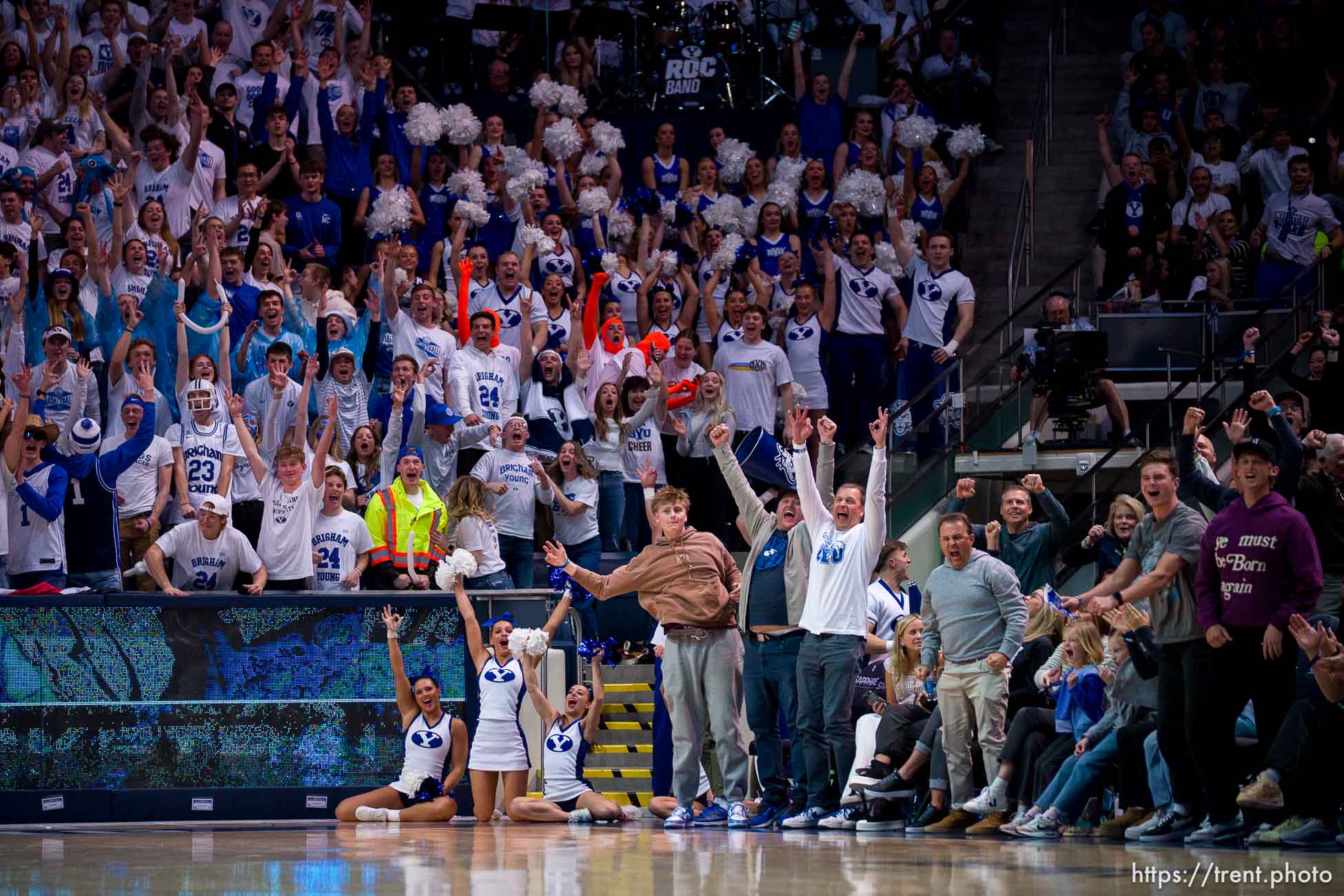 (Trent Nelson  |  The Salt Lake Tribune) BYU fans celebrate a three-pointer as BYU hosts Baylor, NCAA basketball in Provo on Tuesday, Feb. 20, 2024.