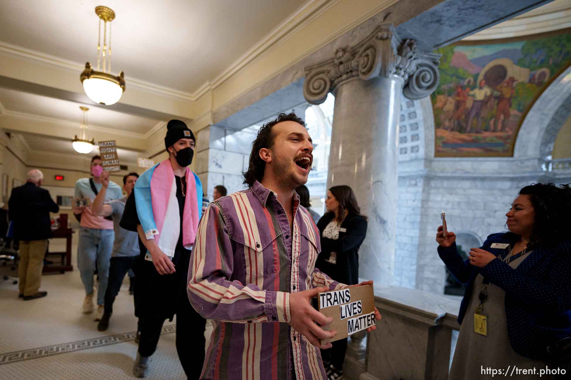 (Trent Nelson  |  The Salt Lake Tribune) Activists in support of transgender rights march at the Utah Capitol in Salt Lake City on Thursday, Feb. 22, 2024.
