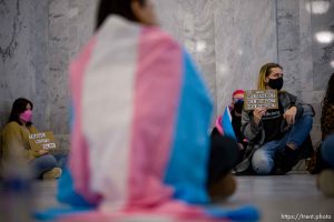 (Trent Nelson  |  The Salt Lake Tribune) Activists in support of transgender rights hold a sit-in in front of a bathroom at the Utah Capitol in Salt Lake City on Thursday, Feb. 22, 2024.