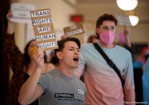 (Trent Nelson  |  The Salt Lake Tribune) Activists in support of transgender rights march at the Utah Capitol in Salt Lake City on Thursday, Feb. 22, 2024.