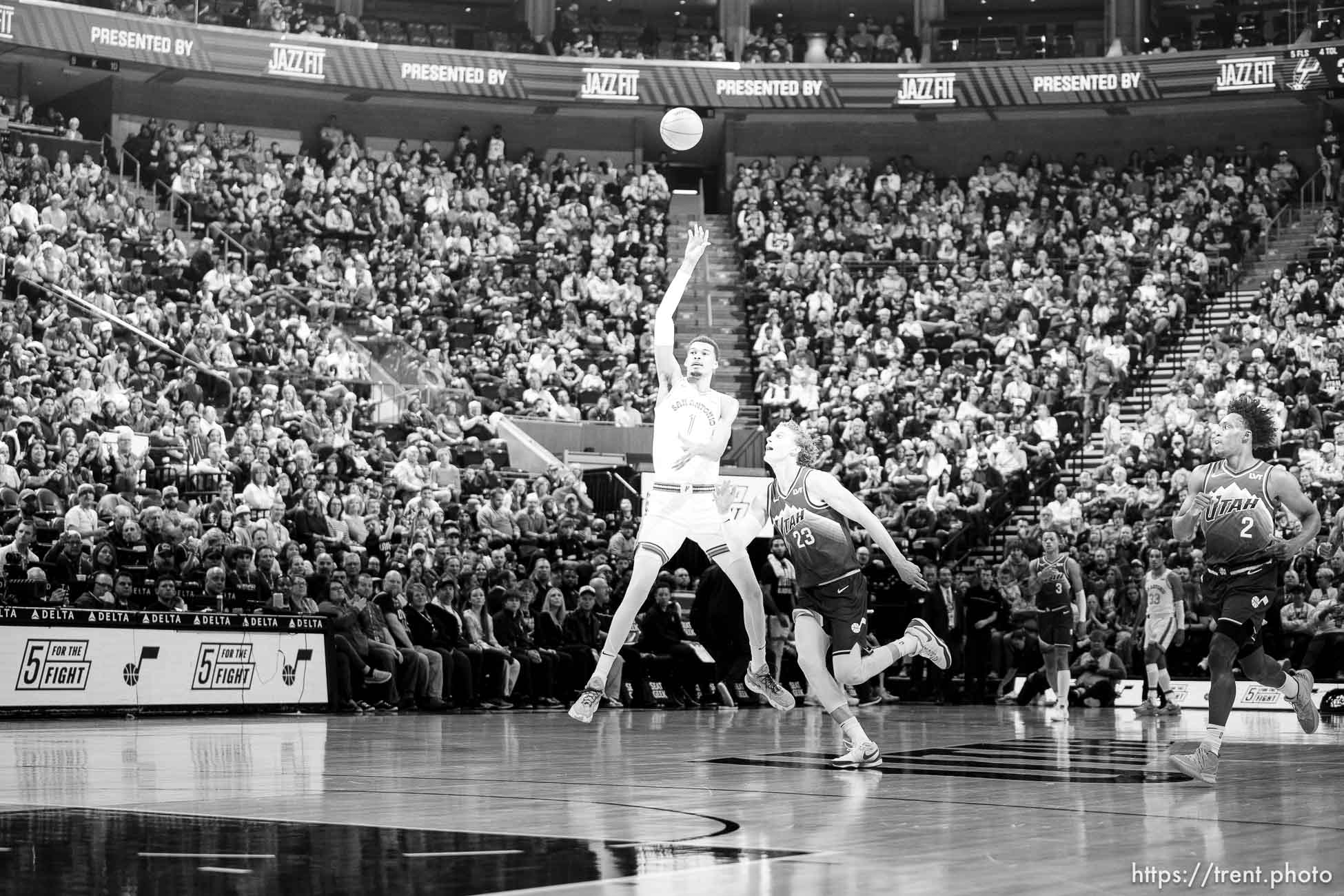 (Trent Nelson  |  The Salt Lake Tribune) San Antonio Spurs center Victor Wembanyama (1) and Utah Jazz forward Lauri Markkanen (23) as the Utah Jazz host the San Antonio Spurs, NBA basketball in Salt Lake City on Sunday, Feb. 25, 2024.