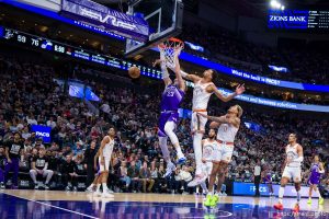 (Trent Nelson  |  The Salt Lake Tribune) San Antonio Spurs center Victor Wembanyama (1) blocks Utah Jazz forward Lauri Markkanen (23) as the Utah Jazz host the San Antonio Spurs, NBA basketball in Salt Lake City on Sunday, Feb. 25, 2024.