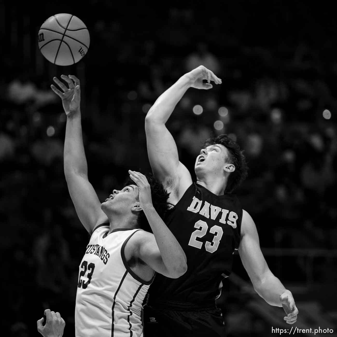 (Trent Nelson  |  The Salt Lake Tribune) 
Malcolm Johnson and Easton Ralphs as Herriman defeats Davis  in the 6A high school boys basketball tournament in Salt Lake City on Monday, Feb. 26, 2024.