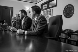 (Trent Nelson  |  The Salt Lake Tribune) Senate President Stuart Adams, R-Layton, and House Speaker Mike Schultz, R-Hooper, hold a news conference to address the Natalie Cline situation at the Utah Capitol in Salt Lake City on Thursday, Feb. 15, 2024. At left is Sen. Ann Millner, R-Ogden, and at right is Rep. Robert Spendlove, R-Sandy.