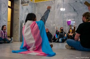 (Trent Nelson  |  The Salt Lake Tribune) Activists in support of transgender rights hold a sit-in in front of a bathroom at the Utah Capitol in Salt Lake City on Thursday, Feb. 22, 2024.