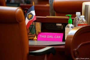 (Trent Nelson  |  The Salt Lake Tribune) The desk of House Minority Leader Angela Romero, D-Salt Lake City, in the House Chamber of the Utah Capitol in Salt Lake City on Wednesday, Feb. 28, 2024.