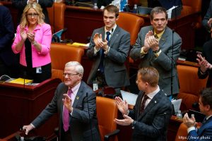 (Trent Nelson  |  The Salt Lake Tribune) Rep. Dan Johnson, R-Logan, gets emotional after his return was acknowledged by colleagues in the House Chamber of the Utah Capitol in Salt Lake City on Wednesday, Feb. 28, 2024.