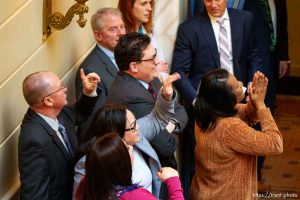 (Trent Nelson  |  The Salt Lake Tribune) Legislators celebrate as the Utah Senate passes funding for a new baseball stadium and the surrounding entertainment district in Salt Lake City, on Wednesday, Feb. 28, 2024.