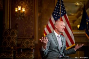 (Trent Nelson  |  The Salt Lake Tribune) Gov. Spencer Cox speaks at the Utah Capitol in Salt Lake City on Friday, March 1, 2024.