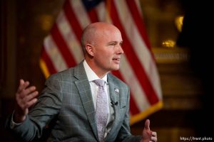 (Trent Nelson  |  The Salt Lake Tribune) Gov. Spencer Cox speaks at the Utah Capitol in Salt Lake City on Friday, March 1, 2024.