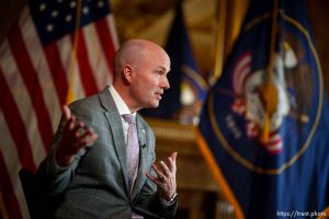 (Trent Nelson  |  The Salt Lake Tribune) Gov. Spencer Cox speaks at the Utah Capitol in Salt Lake City on Friday, March 1, 2024.