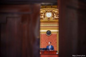 (Trent Nelson  |  The Salt Lake Tribune) House Speaker Mike Schultz, R-Hooper, on the last night of the 2024 legislative session at the Utah Capitol in Salt Lake City on Friday, March 1, 2024.