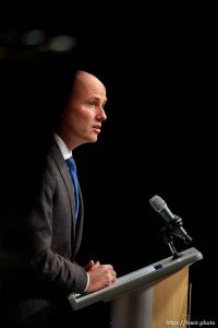 (Trent Nelson  |  The Salt Lake Tribune) Gov. Spencer Cox speaks at his monthly news conference in Salt Lake City on Thursday, March 21, 2024.