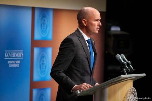 (Trent Nelson  |  The Salt Lake Tribune) Gov. Spencer Cox speaks at his monthly news conference in Salt Lake City on Thursday, March 21, 2024.