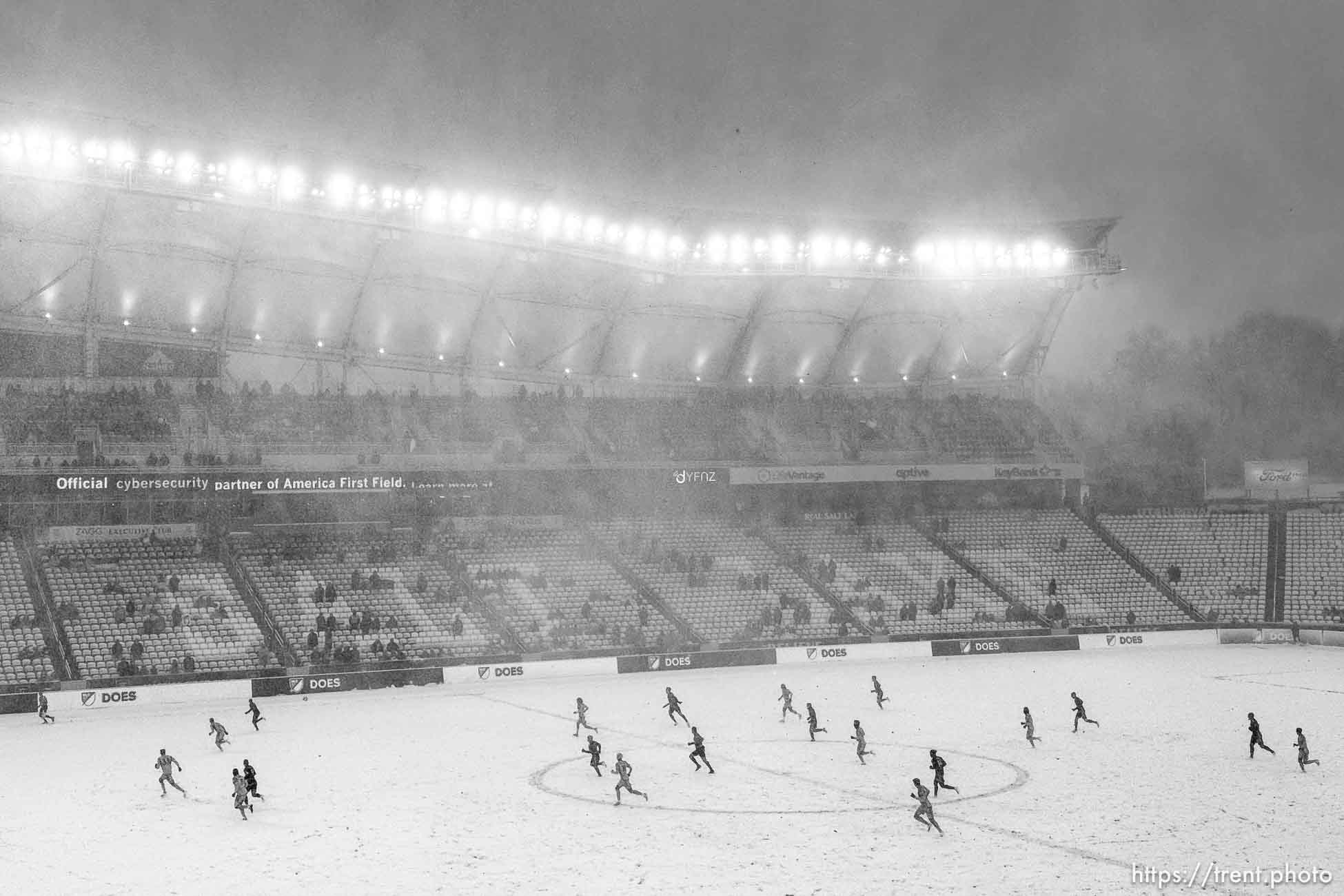 (Trent Nelson  |  The Salt Lake Tribune) Snow falls as Real Salt Lake hosts LAFC, MLS soccer in Sandy on Saturday, March 2, 2024.