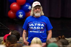 (Trent Nelson  |  The Salt Lake Tribune) Attendees at a town hall with U.S. Rep. Matt Gaetz and U.S. Senate candidate Trent Staggs at Riverton High School on Thursday, March 28, 2024.