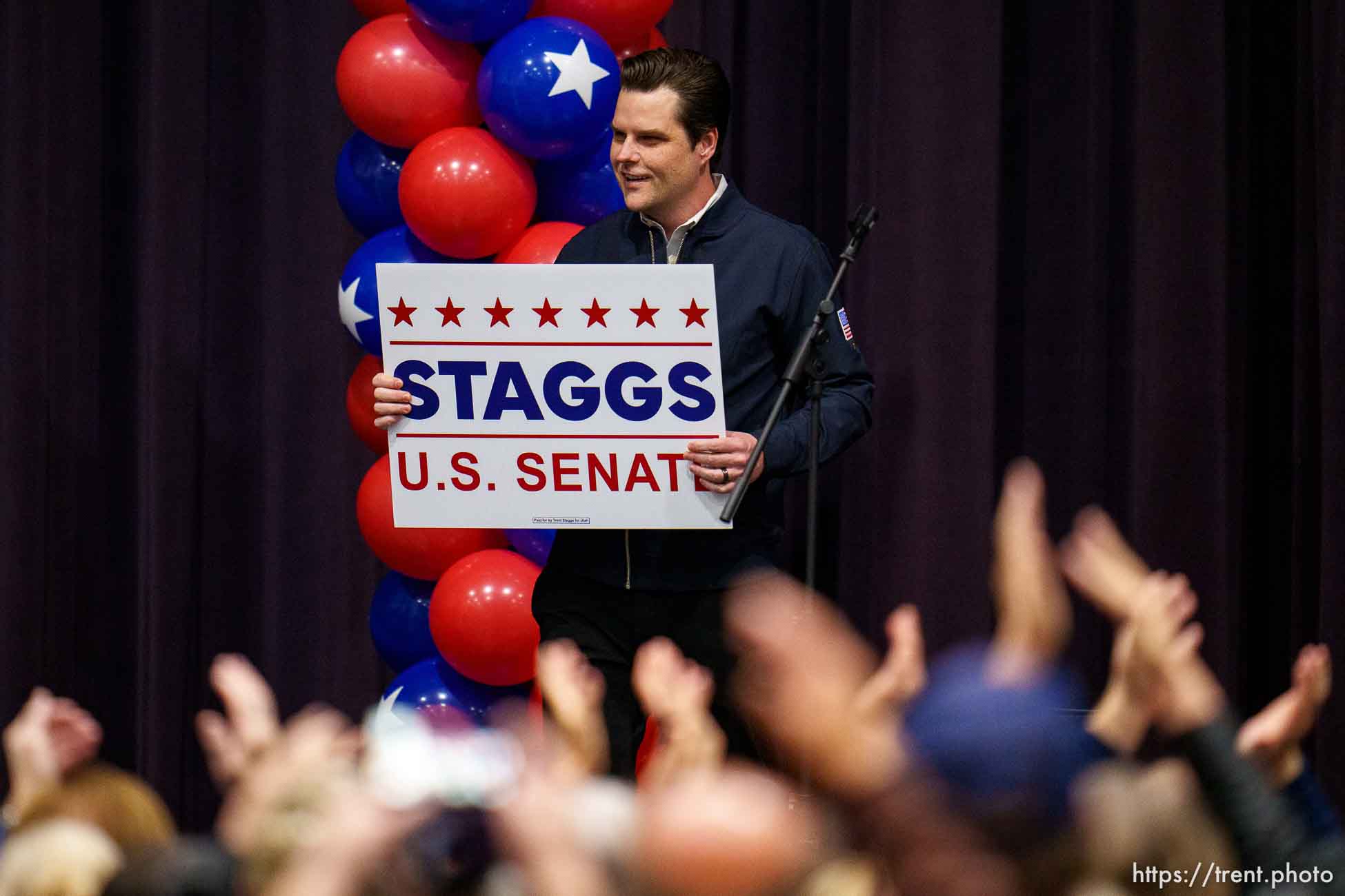 (Trent Nelson  |  The Salt Lake Tribune) U.S. Rep. Matt Gaetz endorses U.S. Senate candidate Trent Staggs at a town hall with  at Riverton High School on Thursday, March 28, 2024.