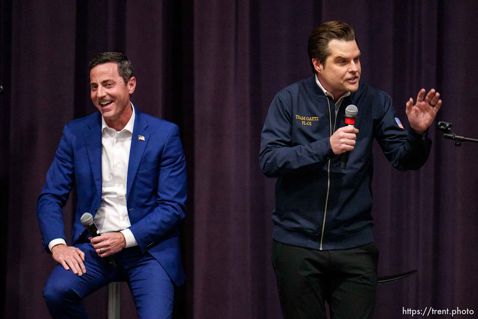 (Trent Nelson  |  The Salt Lake Tribune) U.S. Senate candidate Trent Staggs and U.S. Rep. Matt Gaetz at a town hall with  at Riverton High School on Thursday, March 28, 2024.