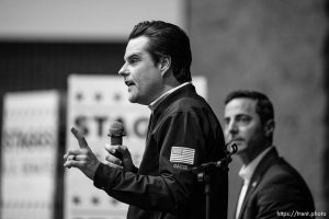 (Trent Nelson  |  The Salt Lake Tribune) U.S. Rep. Matt Gaetz and U.S. Senate candidate Trent Staggs at a town hall with  at Riverton High School on Thursday, March 28, 2024.