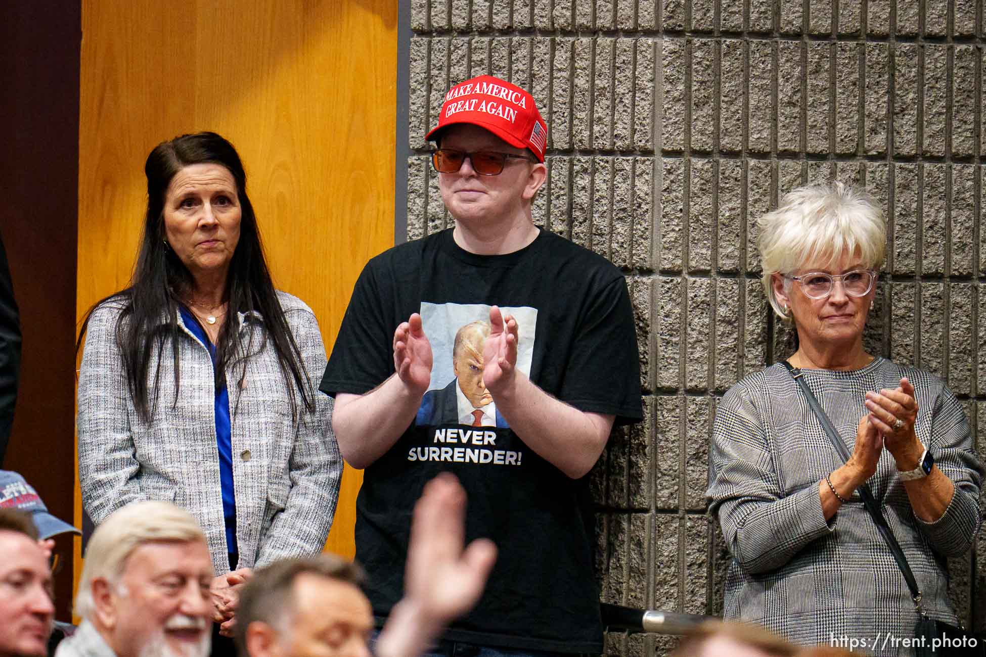 (Trent Nelson  |  The Salt Lake Tribune) Attendees at a town hall with U.S. Rep. Matt Gaetz and U.S. Senate candidate Trent Staggs at Riverton High School on Thursday, March 28, 2024.