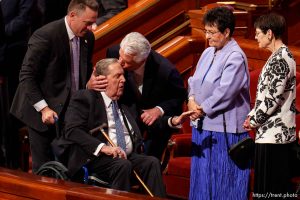 (Trent Nelson  |  The Salt Lake Tribune) Apostle Dieter F. Uchtdorf leans in to kiss apostle Jeffrey R. Holland at General Conference on Saturday, April 6, 2024.