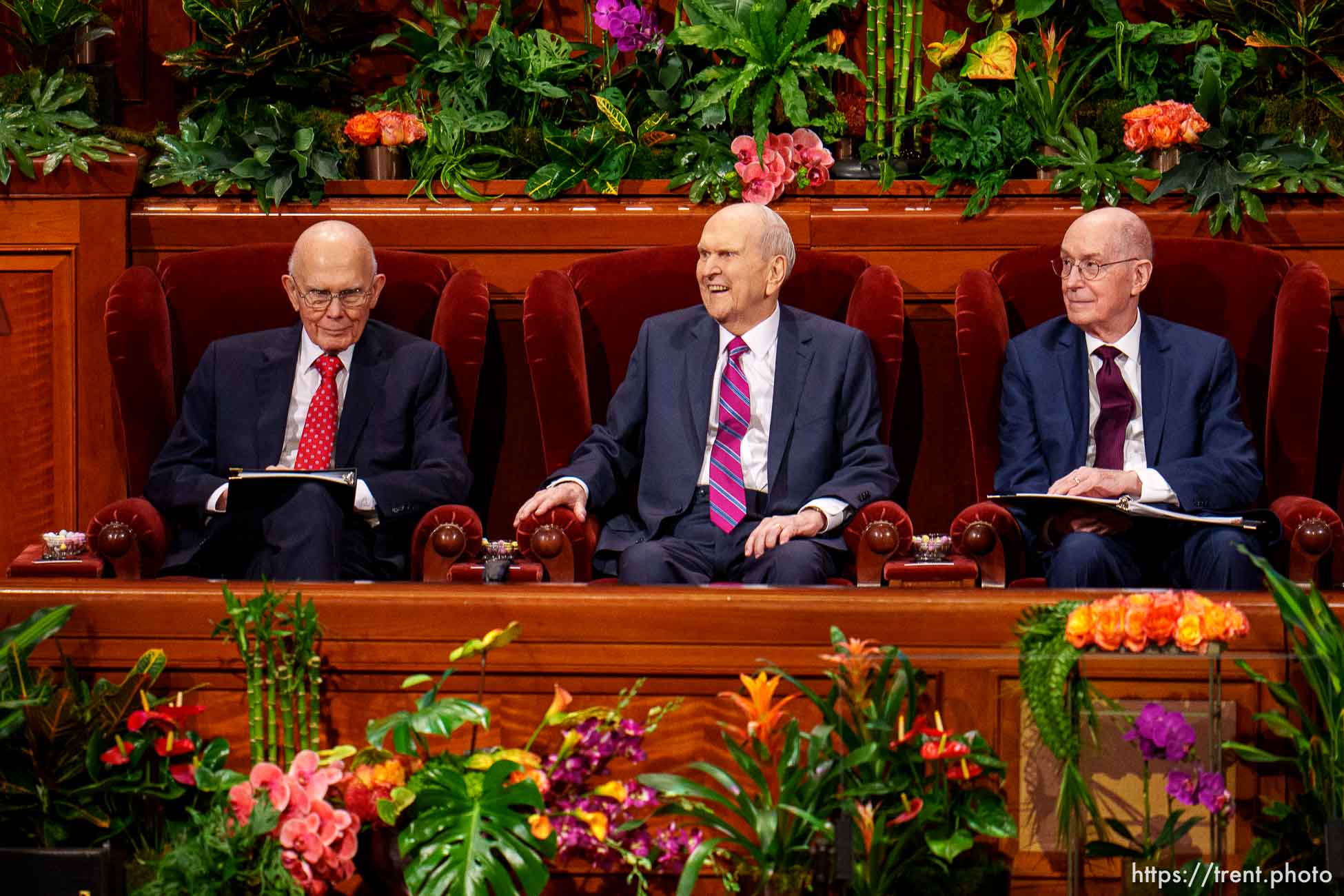 (Trent Nelson  |  The Salt Lake Tribune) President Dallin H. Oaks, president Russell M. Nelson and president Henry B. Eyring at General Conference on Saturday, April 6, 2024.