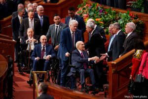 (Trent Nelson  |  The Salt Lake Tribune) President Russell M. Nelson and other church leaders at General Conference on Saturday, April 6, 2024.