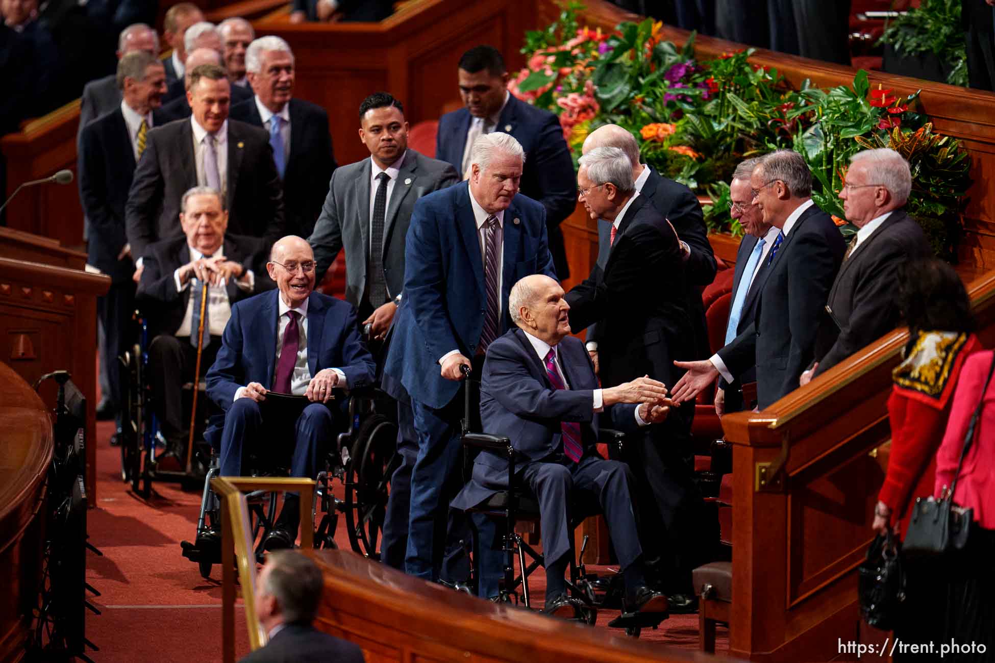 (Trent Nelson  |  The Salt Lake Tribune) President Russell M. Nelson and other church leaders at General Conference on Saturday, April 6, 2024.