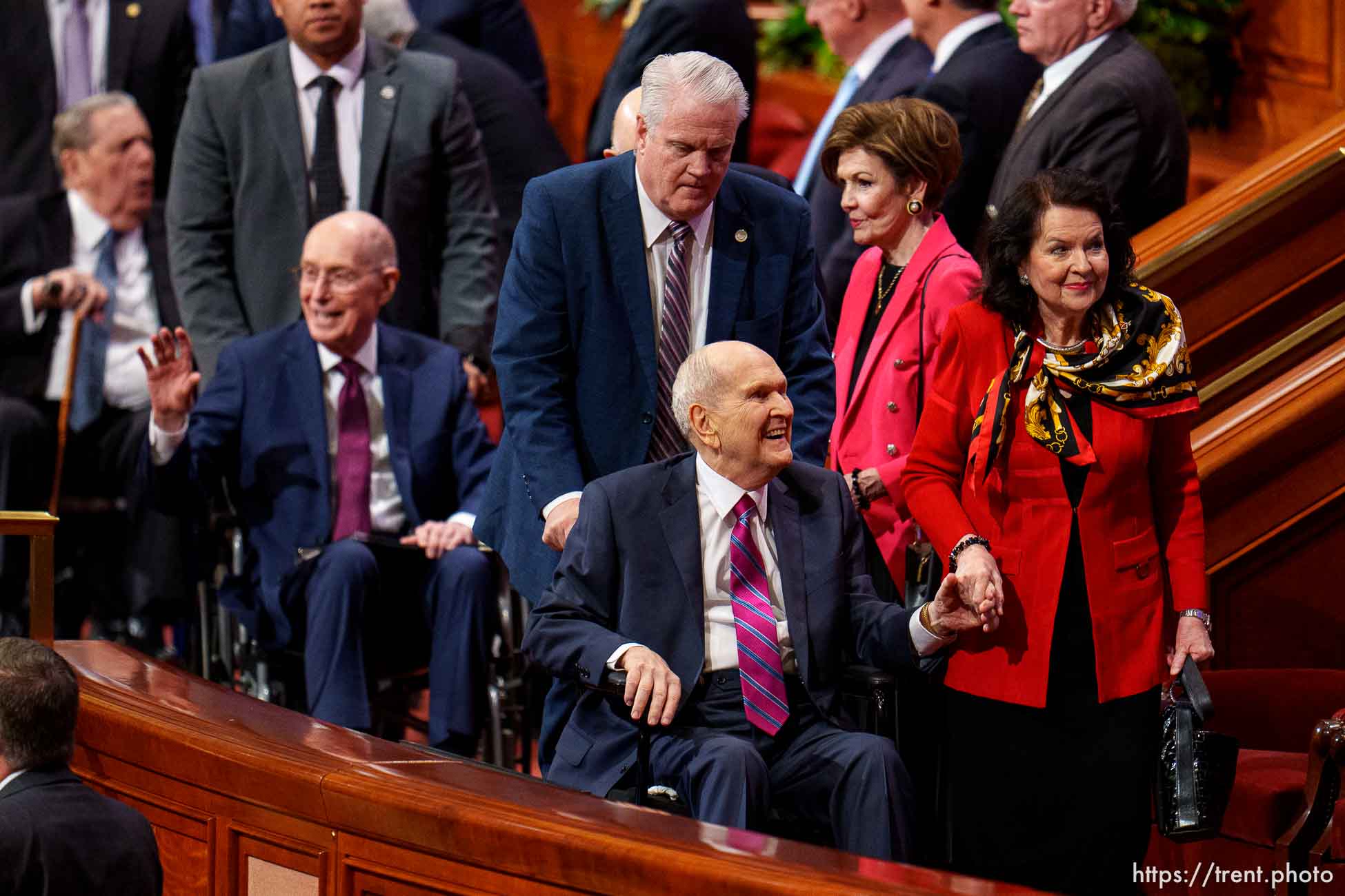(Trent Nelson  |  The Salt Lake Tribune) President Russell M. Nelson, with wife Wendy, waves to attendees after a session of General Conference on Saturday, April 6, 2024.