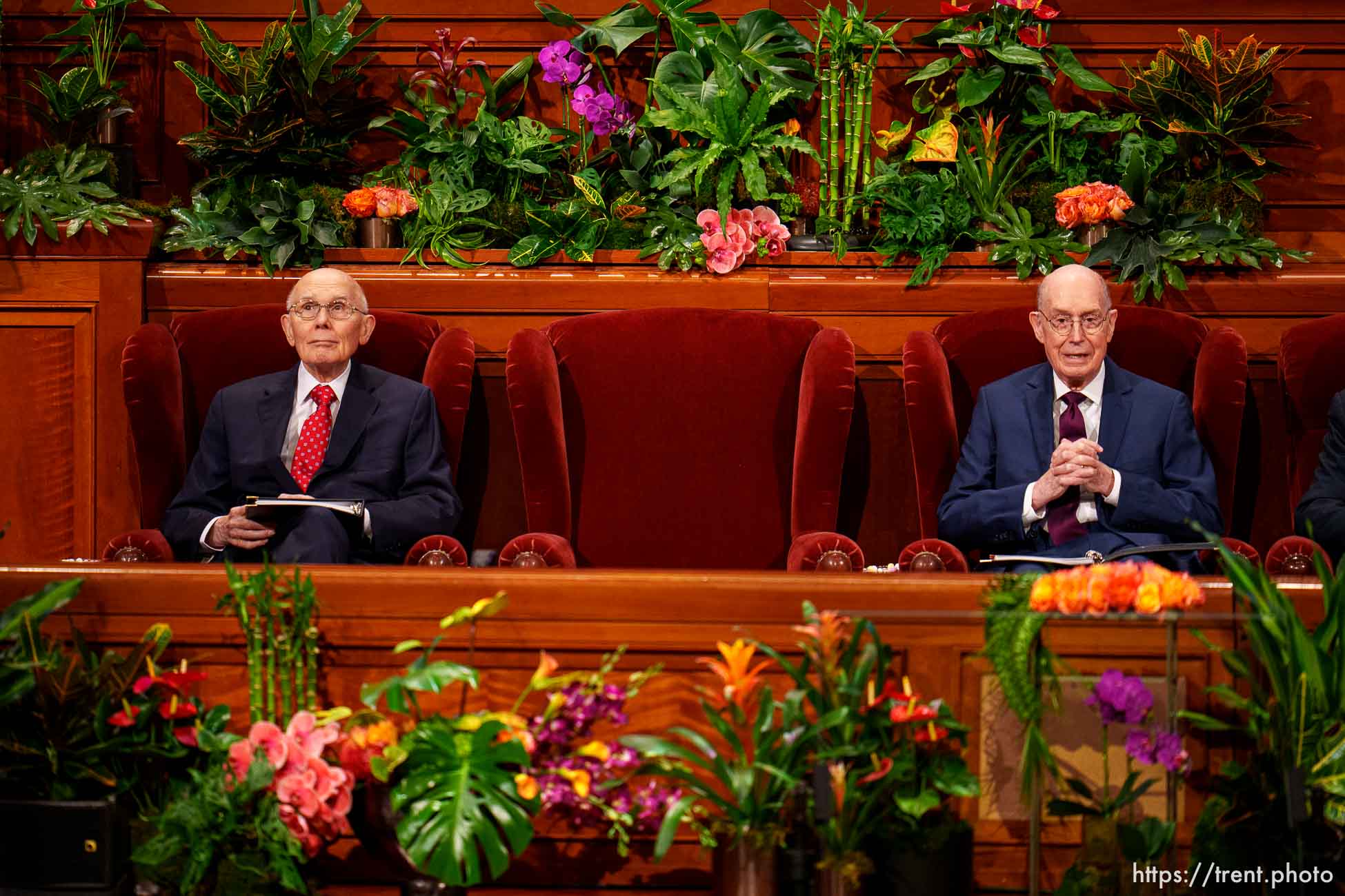 (Trent Nelson  |  The Salt Lake Tribune) President Dallin H. Oaks and president Henry B. Eyring at General Conference on Saturday, April 6, 2024.