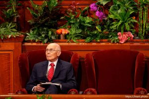 (Trent Nelson  |  The Salt Lake Tribune) President Dallin H. Oaks at General Conference on Saturday, April 6, 2024.