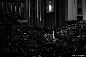 (Trent Nelson  |  The Salt Lake Tribune) President Emily Belle Freeman gives the closing prayer at General Conference on Saturday, April 6, 2024.