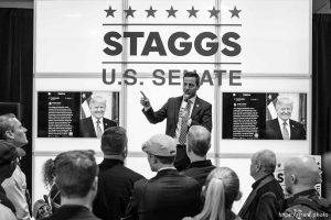 (Trent Nelson  |  The Salt Lake Tribune) Trent Staggs campaigns at the Utah Republican Nominating Convention in Salt Lake City on Saturday, April 27, 2024.