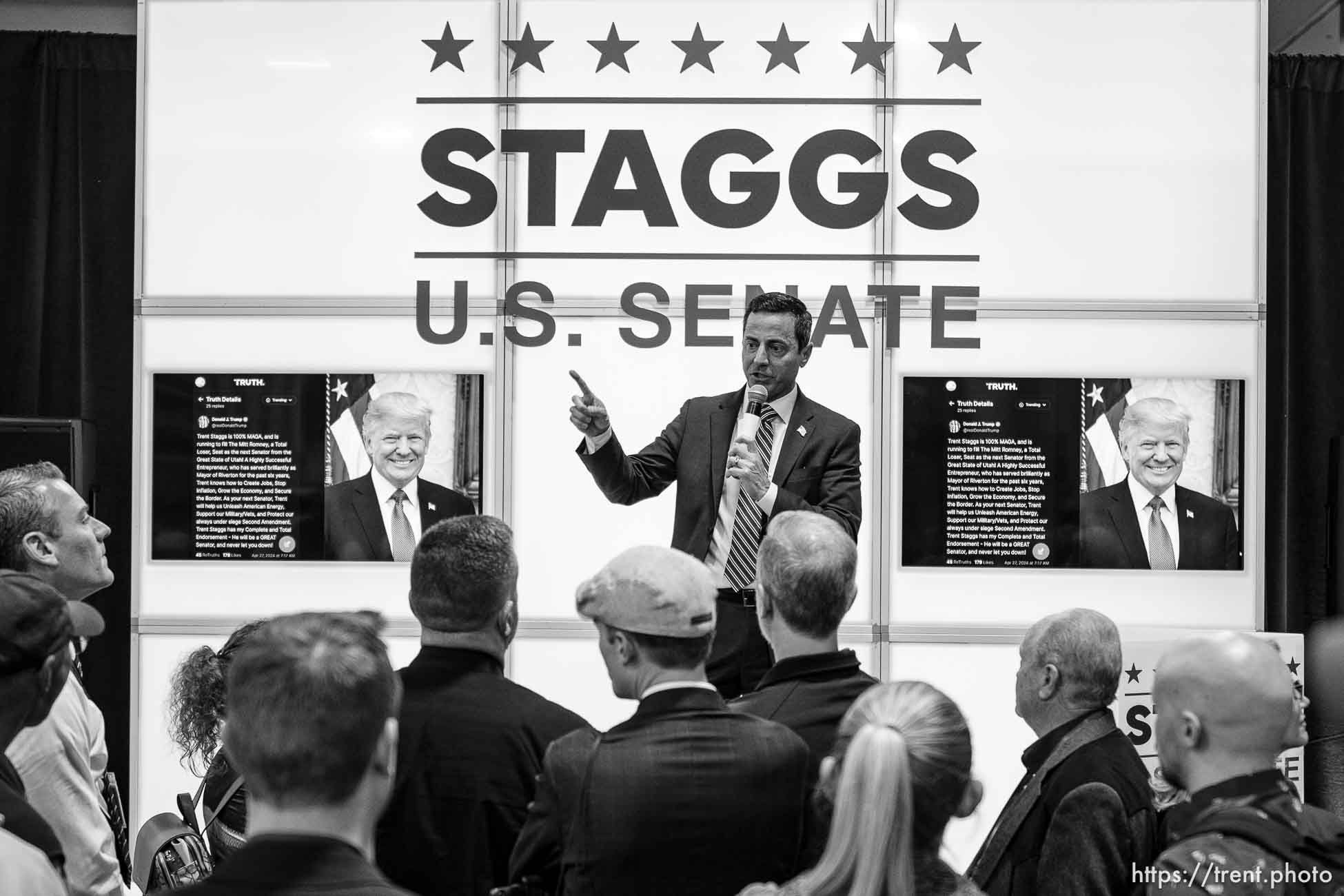(Trent Nelson  |  The Salt Lake Tribune) Trent Staggs campaigns at the Utah Republican Nominating Convention in Salt Lake City on Saturday, April 27, 2024.