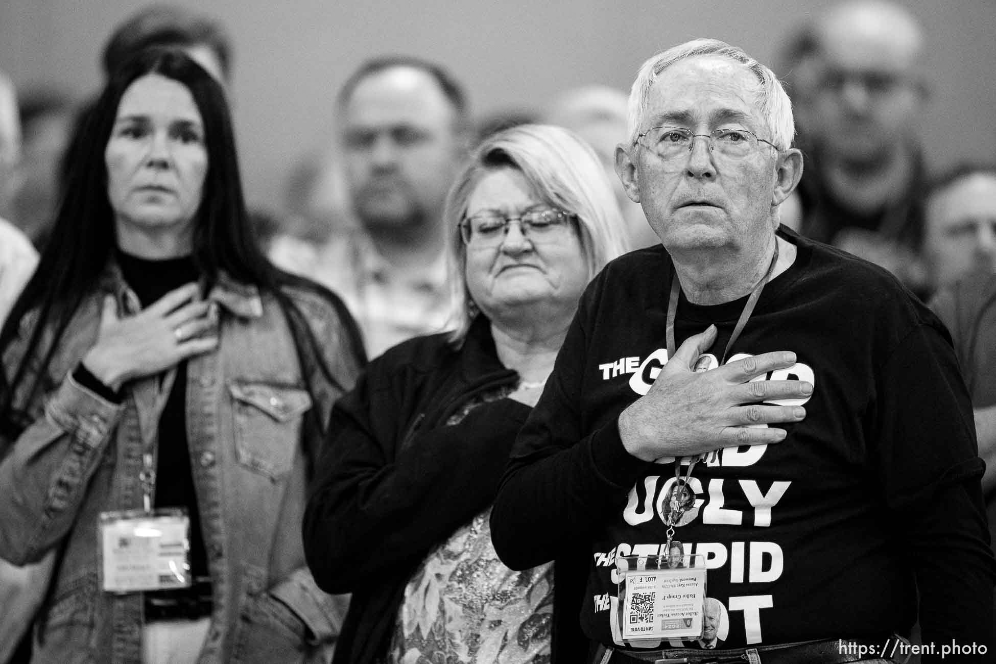(Trent Nelson  |  The Salt Lake Tribune) The National Anthem at the Utah Republican Nominating Convention in Salt Lake City on Saturday, April 27, 2024.