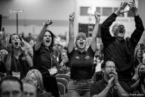 (Trent Nelson  |  The Salt Lake Tribune) Phil Lyman supporters cheer at the Utah Republican Nominating Convention in Salt Lake City on Saturday, April 27, 2024.