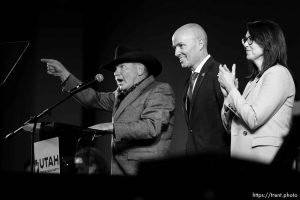 (Trent Nelson  |  The Salt Lake Tribune) Garfield County Commissioner Leland Pollock stands with Gov. Spencer Cox  and Lt. Gov. Deidre Henderson at the Utah Republican Nominating Convention in Salt Lake City on Saturday, April 27, 2024.