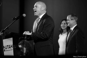 (Trent Nelson  |  The Salt Lake Tribune) Utah Sen. Mike Lee endorses Colby Jenkins at the Utah Republican Nominating Convention in Salt Lake City on Saturday, April 27, 2024.