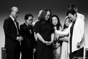 (Trent Nelson  |  The Salt Lake Tribune) Newly elected Stated Clerk Rev. Jihyun Oh, surrounded by family members, at the Presbyterian Church General Assembly in Salt Lake City on Monday, July 1, 2024.