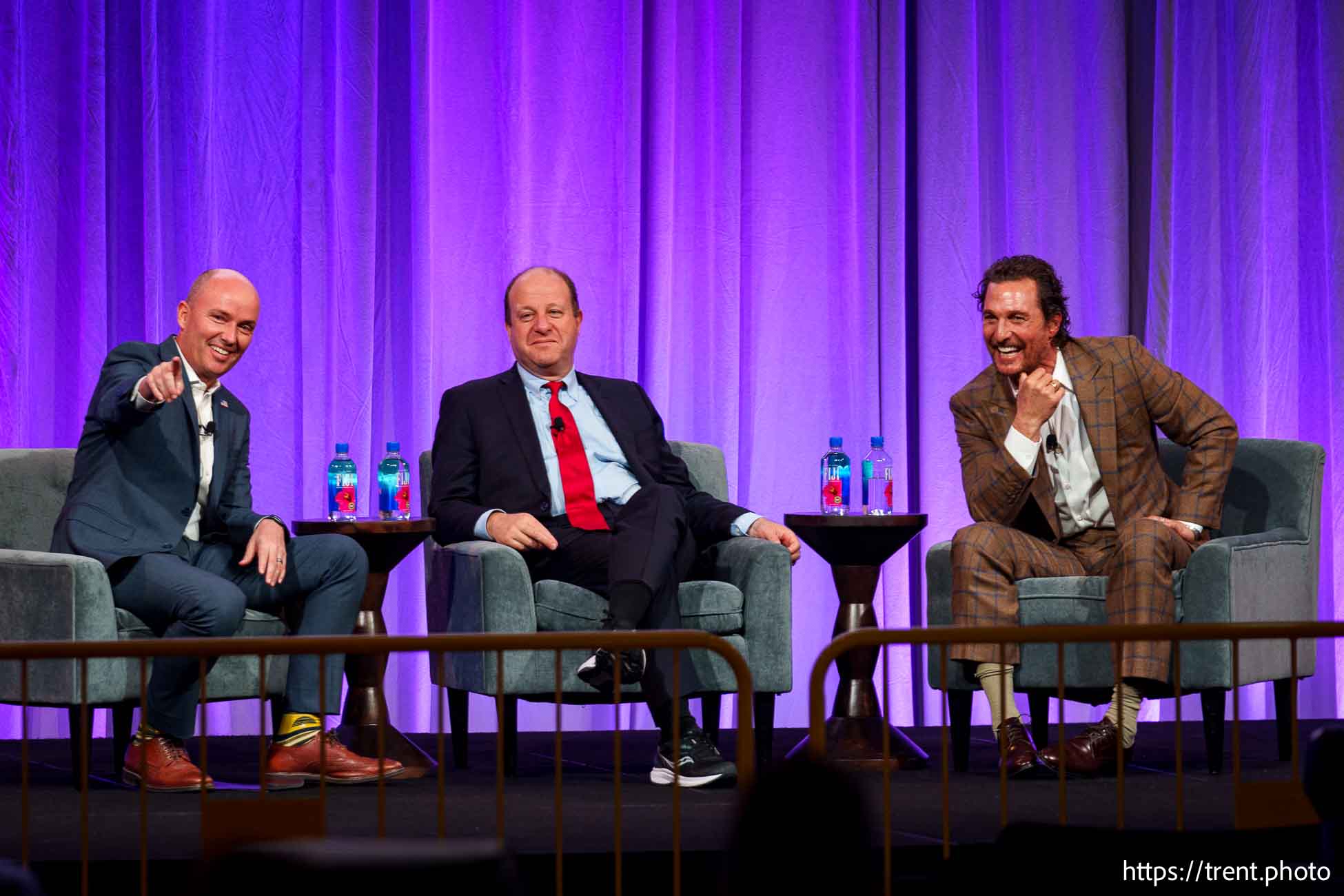 (Trent Nelson  |  The Salt Lake Tribune) Gov. Spencer Cox, Gov. Jared Polis and Matthew McConaughey at the National Governors Association’s summer meeting in Salt Lake City on Friday, July 12, 2024.