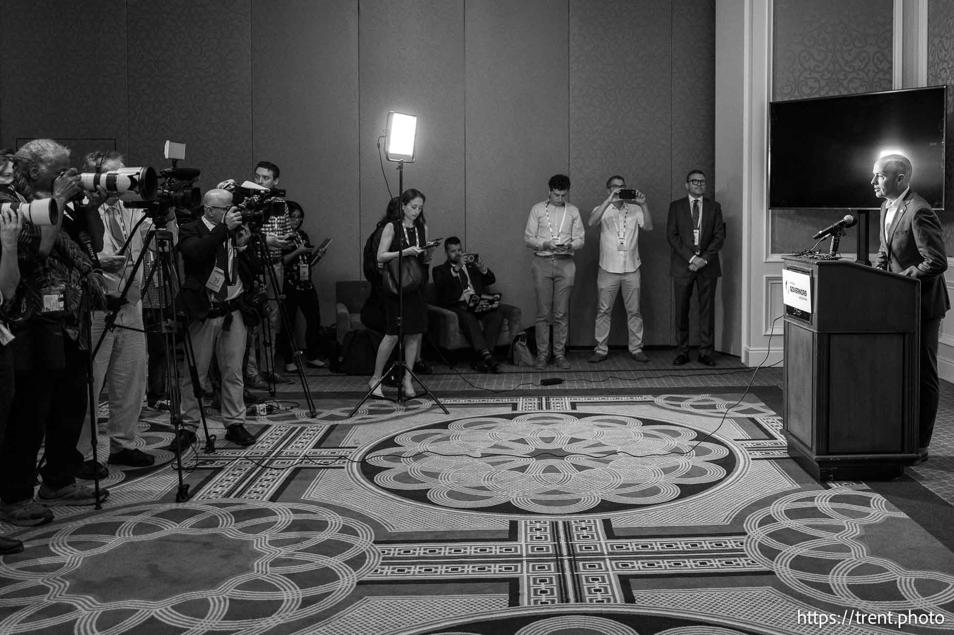 (Trent Nelson  |  The Salt Lake Tribune) Gov. Spencer Cox speaks to the media at the National Governors AssociationÕs summer meeting in Salt Lake City on Friday, July 12, 2024.