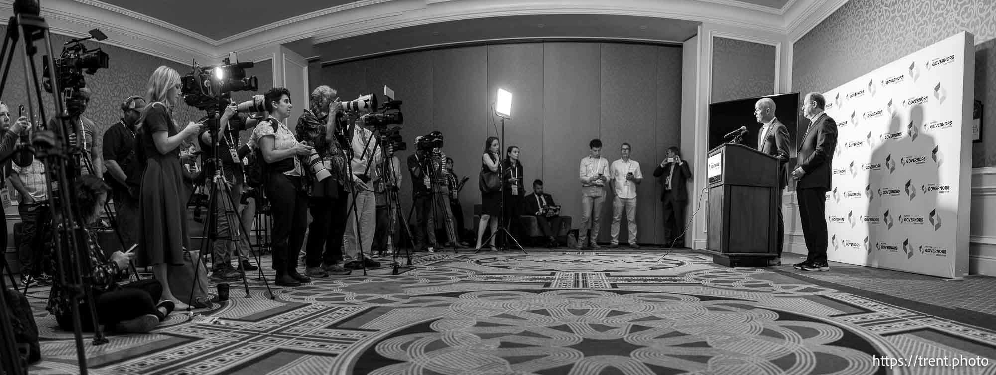 (Trent Nelson  |  The Salt Lake Tribune) Gov. Spencer Cox speaks to the media at the National Governors AssociationÕs summer meeting in Salt Lake City on Friday, July 12, 2024.