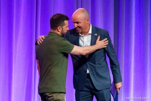 (Trent Nelson  |  The Salt Lake Tribune) Gov. Spencer Cox and Ukrainian President Volodymyr Zelenskyy at the National Governors Association’s summer meeting in Salt Lake City on Friday, July 12, 2024.