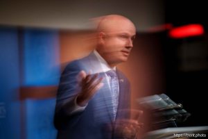 (Trent Nelson  |  The Salt Lake Tribune) Gov. Spencer Cox at his monthly news conference in Salt Lake City on Friday, July 19, 2024.