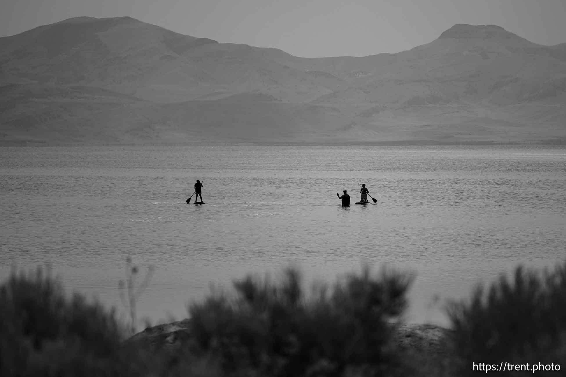 (Trent Nelson  |  The Salt Lake Tribune) People paddleboarding on the Great Salt Lake off Stansbury Island on a smoky Saturday, July 27, 2024.