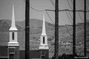 (Trent Nelson | The Salt Lake Tribune) Two LDS meetinghouses built next to each near the border of Lehi and Saratoga Springs, Saturday July 27, 2024.